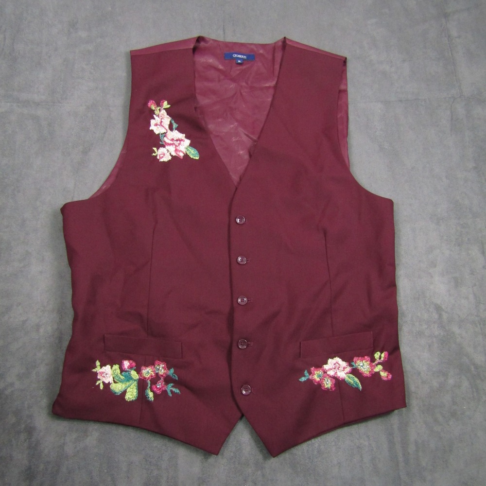 Gioberti Vest Mens XL Burgundy Floral Embroidered Formal Waistcoat VS-95